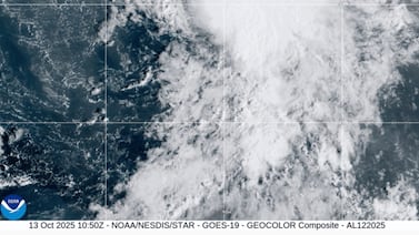 Tropical Storm Lorenzo churns over open water in the Atlantic Ocean